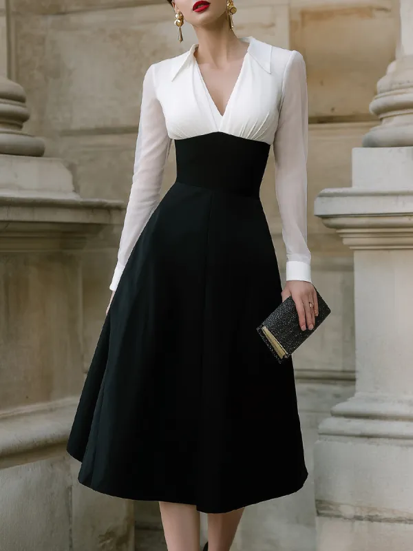 Contrast Bodice A-Line Midi Dress With Sheer Sleeves sold by Mooyius