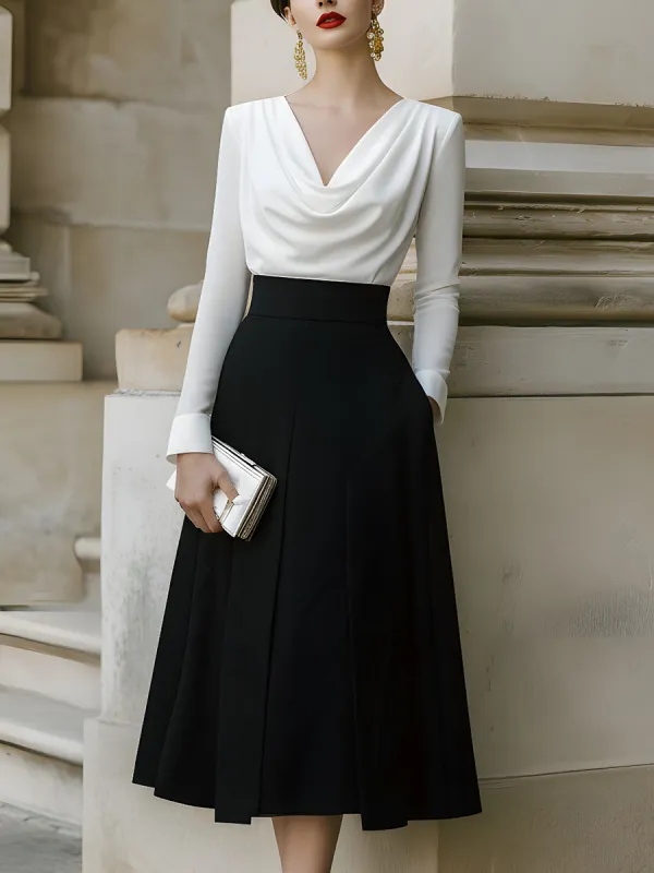 Draped Neck Contrast Midi Dress sold by Mooyius