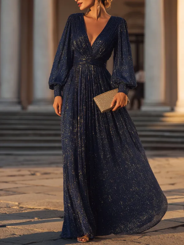 Long Sleeve Shimmer Pleated V-Neck Gown made by Mooyius