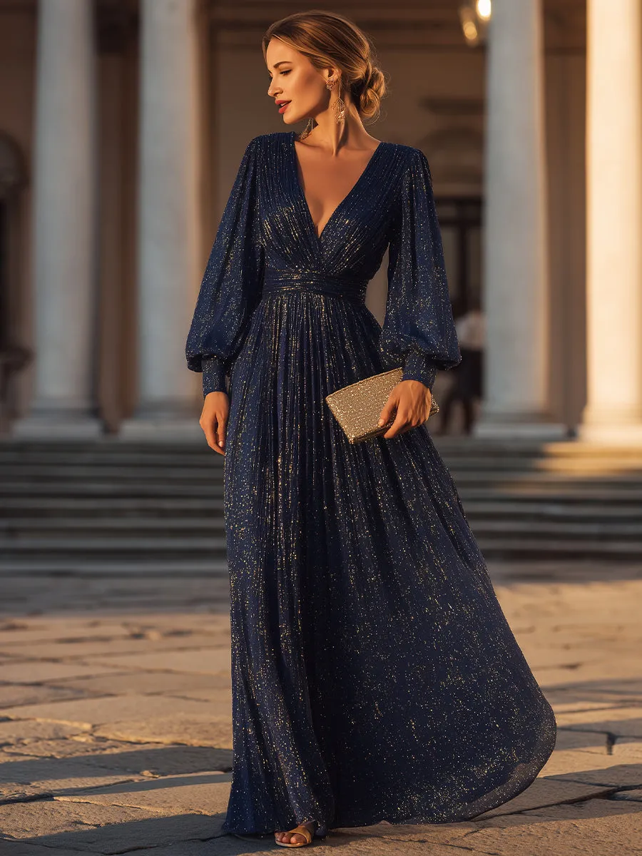 Long Sleeve Shimmer Pleated V-Neck Gown sold by Mooyius product image thumbnail 2