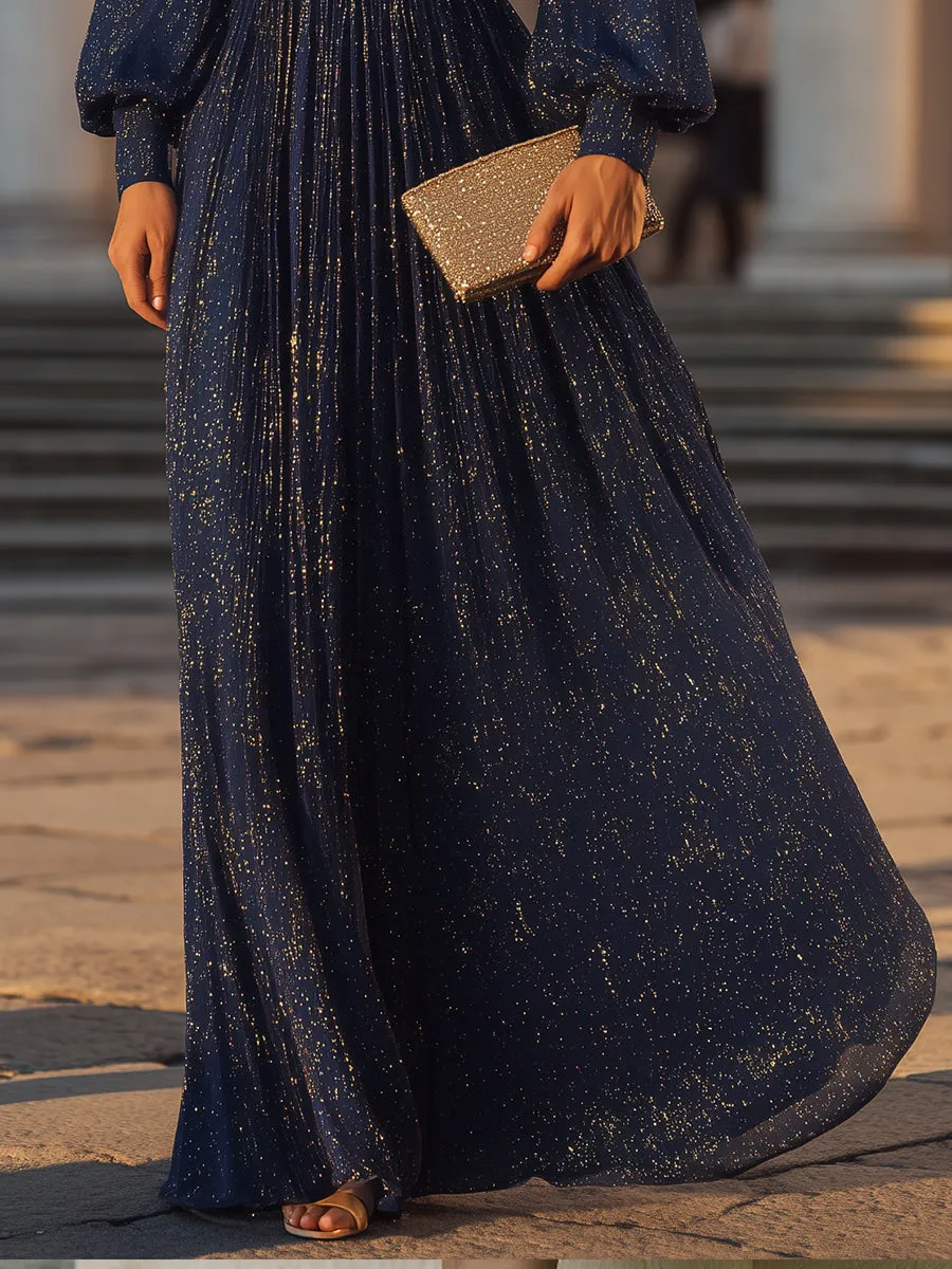 Long Sleeve Shimmer Pleated V-Neck Gown sold by Mooyius product image thumbnail 4