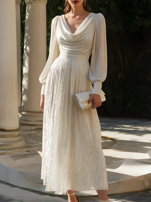 Long Sleeve Shimmer Cowl Neck Pleated Gown made by Mooyius