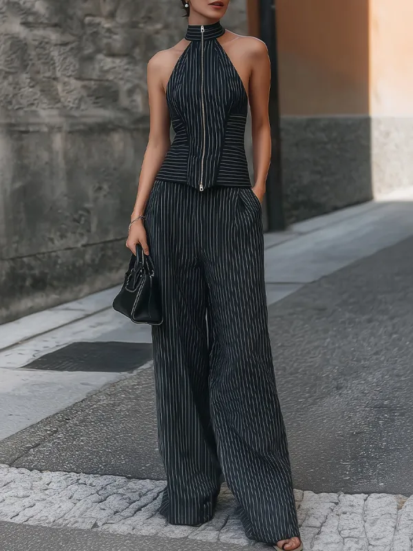 Pinstripe Halter-Neck Zip-Up Top & Wide-Leg Pants Set sold by Mooyius