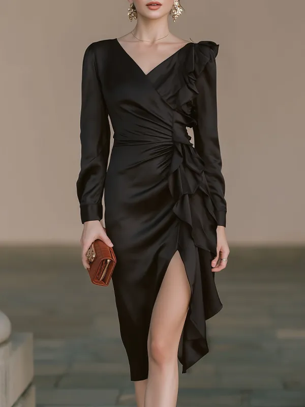 Asymmetric Ruffled Wrap Dress With Side Cascading Detail sold by Mooyius