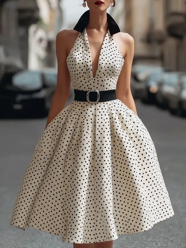 Vintage Polka Dot Halter A-Line Midi Dress With Contrast Collar sold by Mooyius