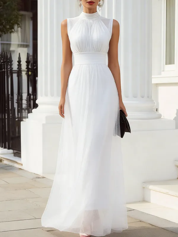 High-Neck Sleeveless Tulle Overlay Evening Gown made by Mooyius