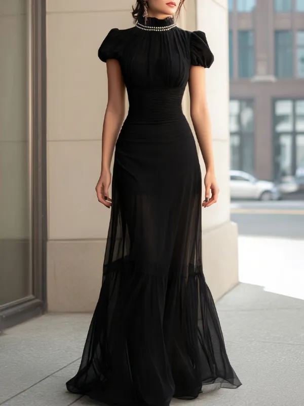 High-Neck Pearl-Trim Puff-Sleeve Sheer Panel Evening Gown made by Mooyius