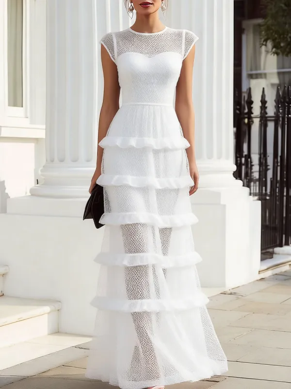 Sheer Mesh Tiered Ruffle Maxi Evening Dress sold by Mooyius