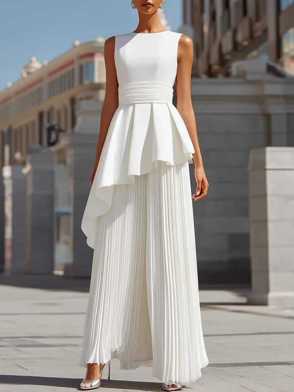 Sculpted Asymmetric Peplum & Pleated Maxi Gown In White made by Mooyius