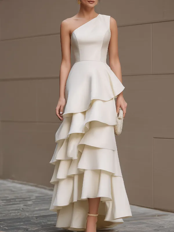 Ivory One-Shoulder Tiered Ruffle Gown sold by Mooyius
