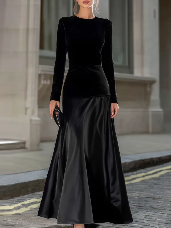 Black Velvet & Satin Long-Sleeve A-Line Evening Gown made by Something Navy