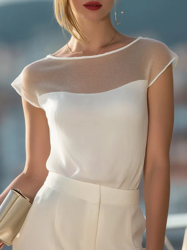 Sheer Yoke Cap-Sleeve Draped Blouse made by Mooyius