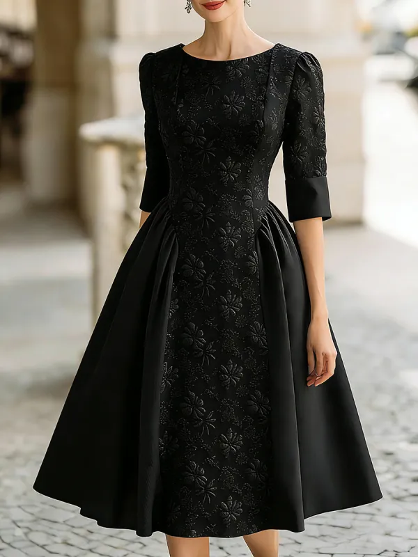 Elegant Jacquard Short-Sleeve A-Line Midi Dress sold by Mooyius