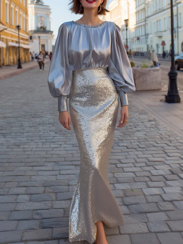 Metallic Pleated Sequin Mermaid Panel Dress made by Mooyius