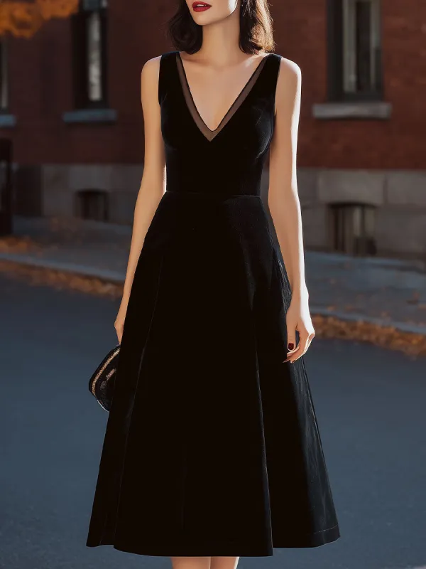 Black Velvet Sleeveless Mesh V-Neck Fit & Flare Midi Dress made by Mooyius