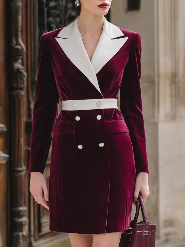 Burgundy Velvet Contrast-Lapel Double-Breasted Blazer Dress sold by Mooyius