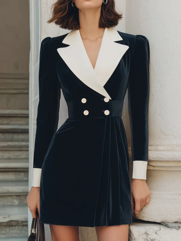 Black Velvet Contrast-Lapel Double-Breasted Blazer Dress sold by Mooyius