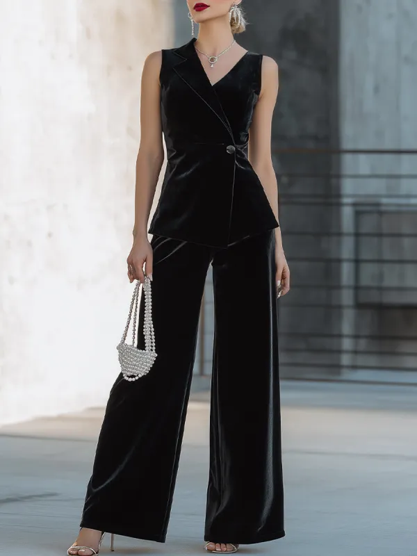 Velvet Sleeveless Tux-Inspired Blazer & Wide-Leg Pants Set sold by Mooyius