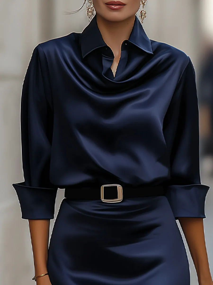 Elegant Satin Draped-Collar Midi Dress With Black Belt sold by Mooyius product image thumbnail 3