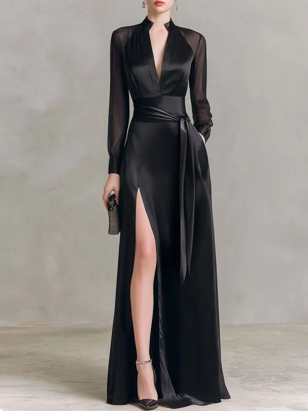 Elegant Black Satin Sheer-Sleeve High-Slit Evening Gown made by Mooyius