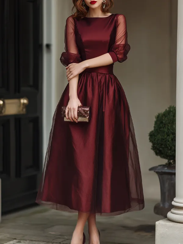 Elegant Sheer-Sleeve A-Line Midi Dress made by Mooyius