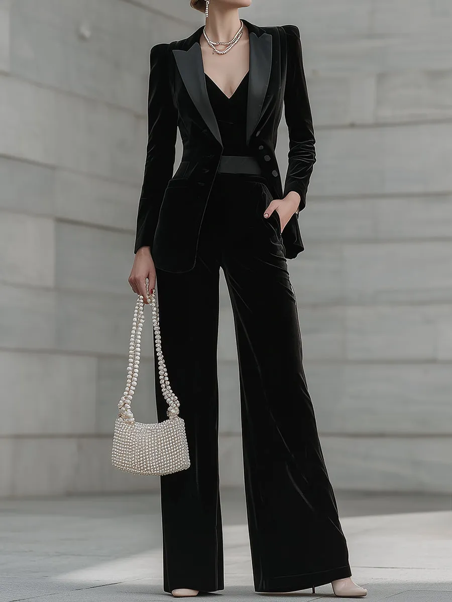 Black Velvet Tailored Blazer And Wide-Leg Trouser Suit Set sold by Mooyius