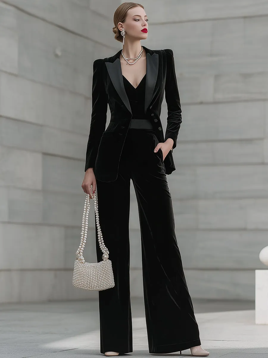 Black Velvet Tailored Blazer And Wide-Leg Trouser Suit Set sold by Mooyius product image thumbnail 2