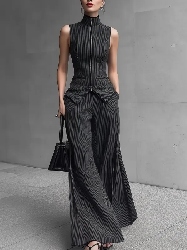 Pinstripe Sleeveless High-Collar Top And Wide-Leg Trouser Suit Set made by Mooyius
