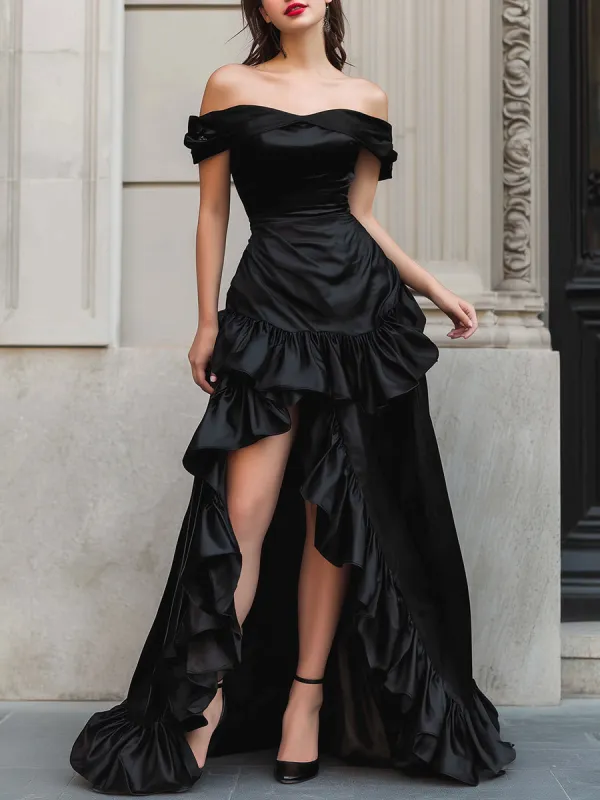 Off-Shoulder High-Low Satin Gown With Dramatic Ruffled Hem sold by Mooyius