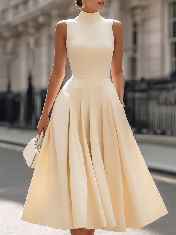 Luxe Cream Sleeveless Turtleneck Pleated Midi Dress sold by Mooyius