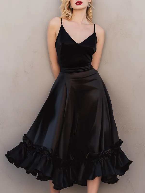 Satin Ruffled Midi Dress With Spaghetti Straps sold by Mooyius