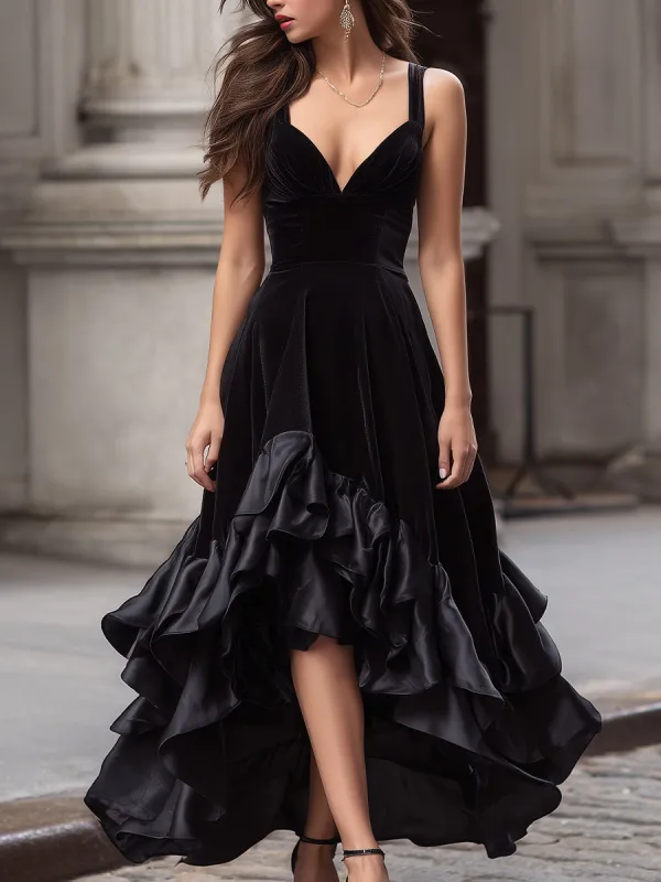 Velvet High-Low Evening Gown With Layered Ruffled Hem sold by Mooyius