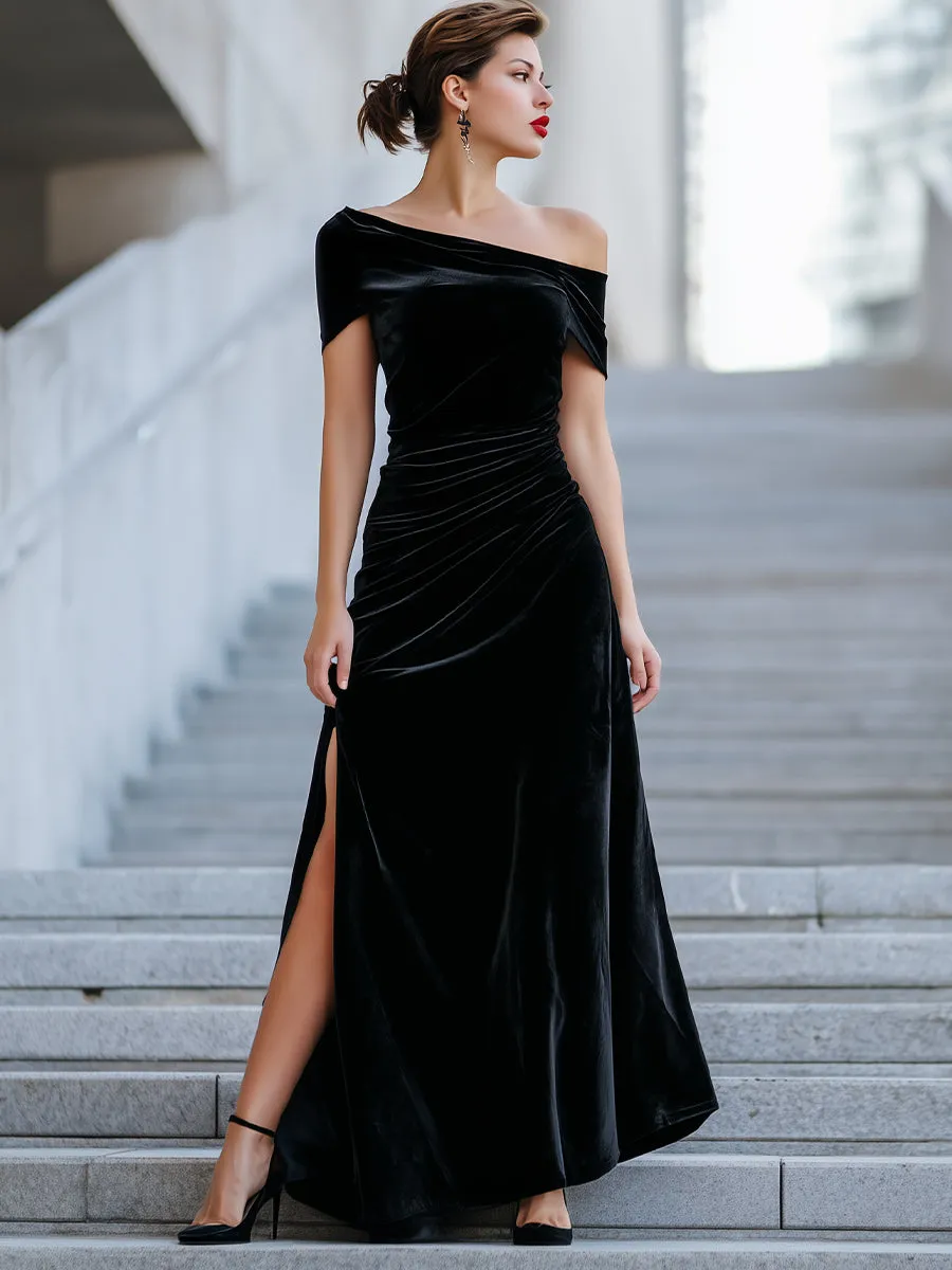 Asymmetric One-Shoulder Velvet Gown With Ruched Detailing sold by Mooyius product image thumbnail 2