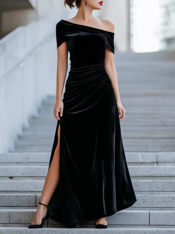 Asymmetric One-Shoulder Velvet Gown With Ruched Detailing made by Mooyius