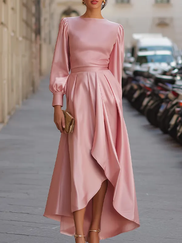 Elegant Satin Long-Sleeve High-Low Evening Dress sold by Mooyius