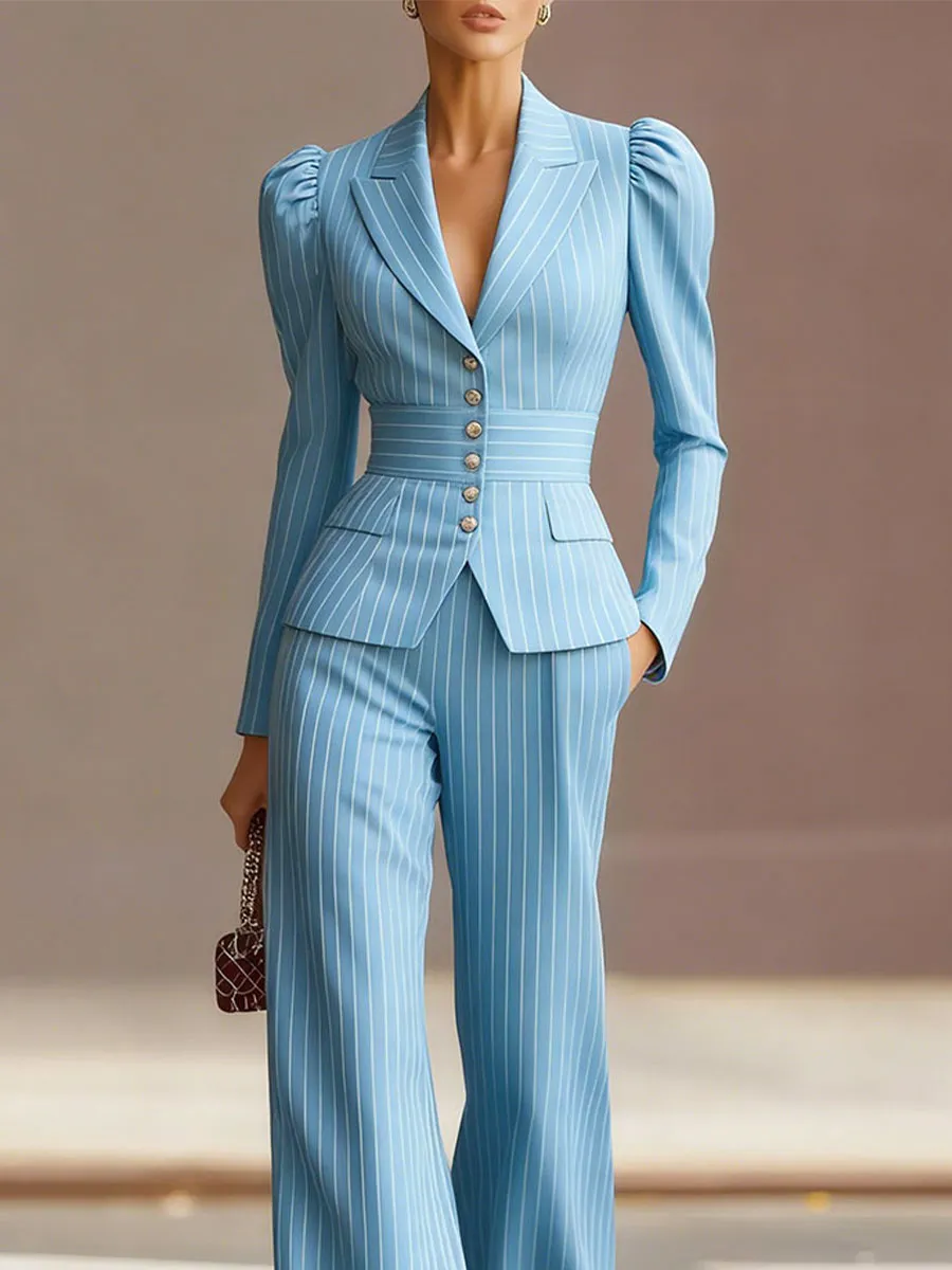 Mooyius Presents The Chic Sky Blue Pinstripe Tailored Suit Set sold by Mooyius product image thumbnail 2