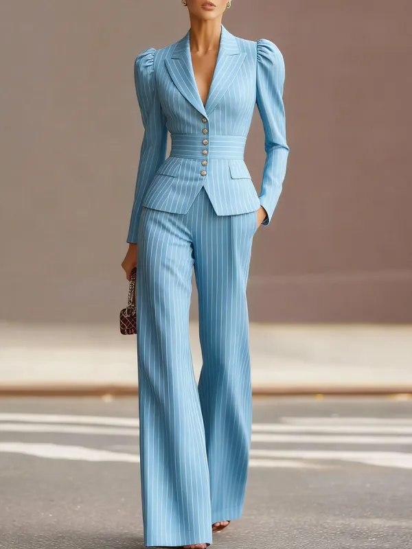 Mooyius Presents The Chic Sky Blue Pinstripe Tailored Suit Set sold by Mooyius