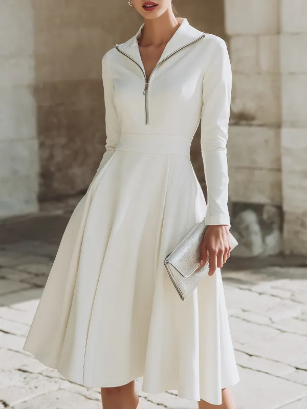 Zip-Front Long Sleeve Fit-and-Flare Midi Dress made by Mooyius
