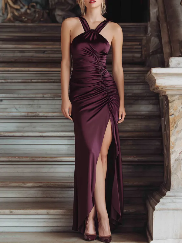 Burgundy Double-Strap Ruched Satin Gown sold by Mooyius