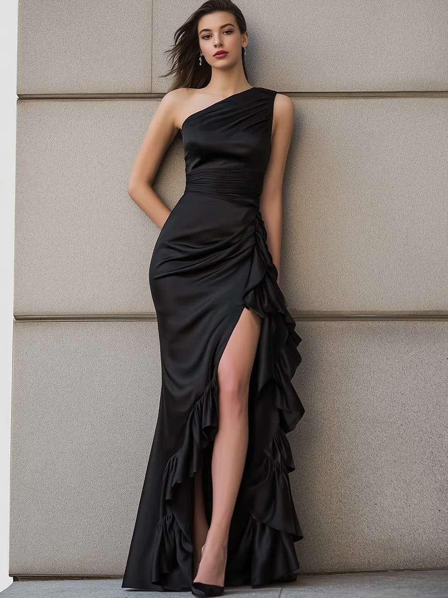 One-Shoulder Satin Gown With Cascading Layered Ruffles sold by Mooyius product image thumbnail 2