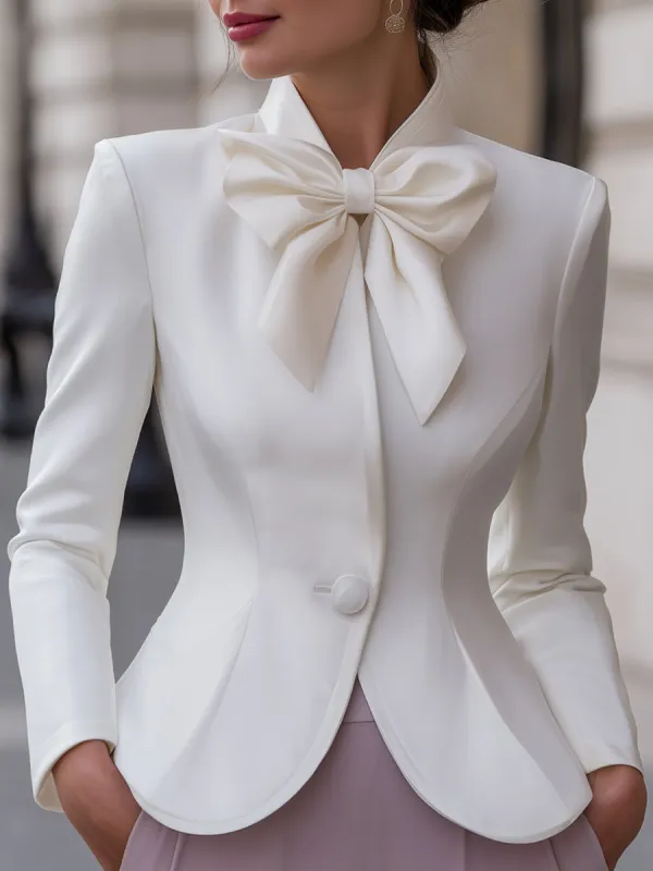 Elegant Long Sleeve Bow-Tie Peplum Blazer sold by Mooyius