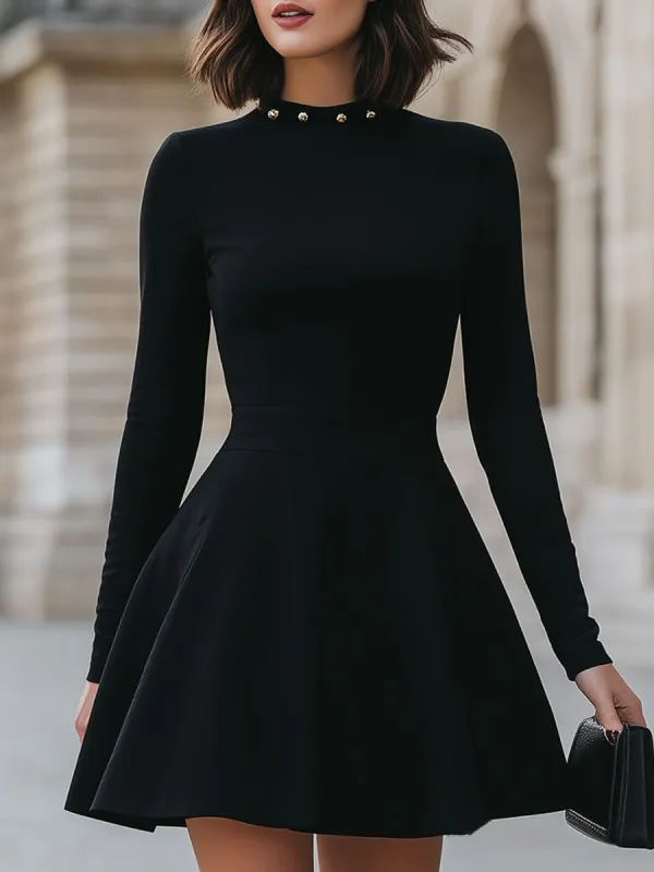 Elegant Black Studded Neckline Dress made by Mooyius
