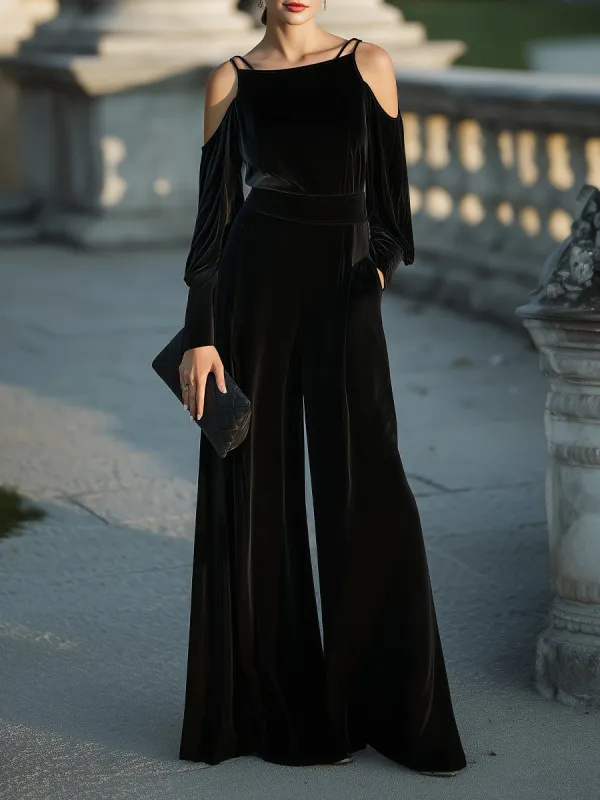 Cold-Shoulder Velvet Wide-Leg Jumpsuit sold by Mooyius