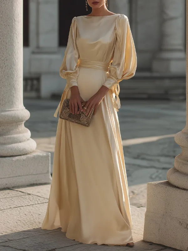 Long Sleeve Ruched Waist Flowing Evening Gown made by Mooyius