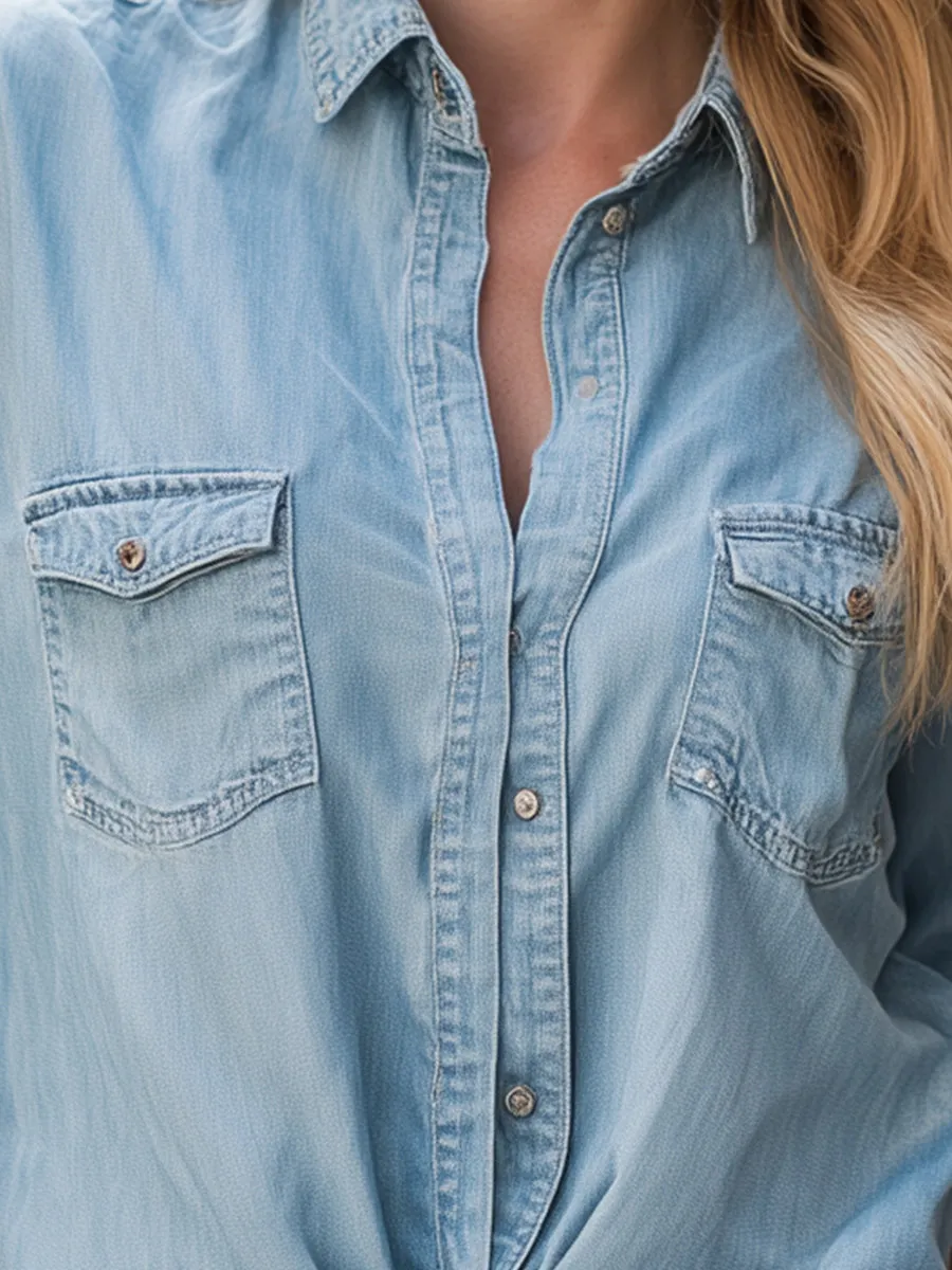 Light Denim Button-Up Shirt With Tie-Front Hem sold by Mooyius product image thumbnail 2