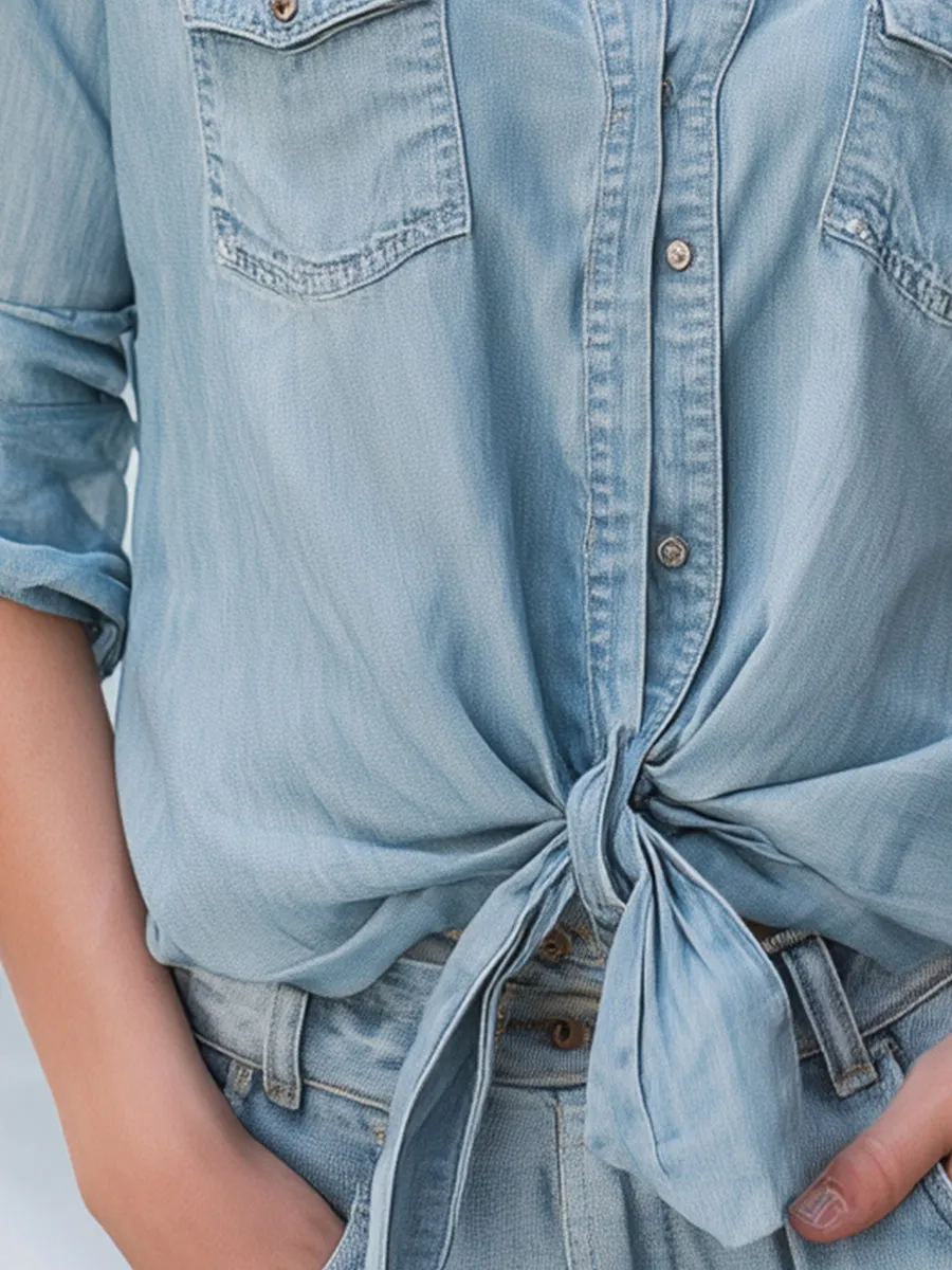Light Denim Button-Up Shirt With Tie-Front Hem sold by Mooyius product image thumbnail 3