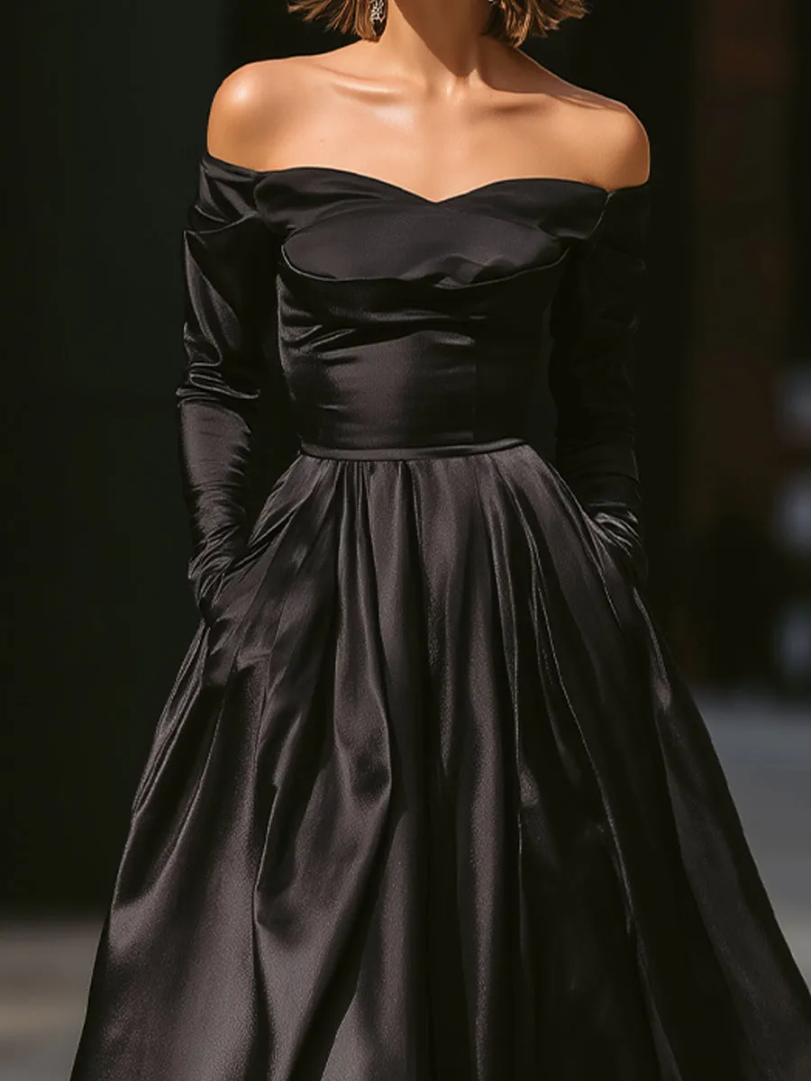 Off-Shoulder Long-Sleeve Satin Gown With Front Slit sold by Mooyius product image thumbnail 2