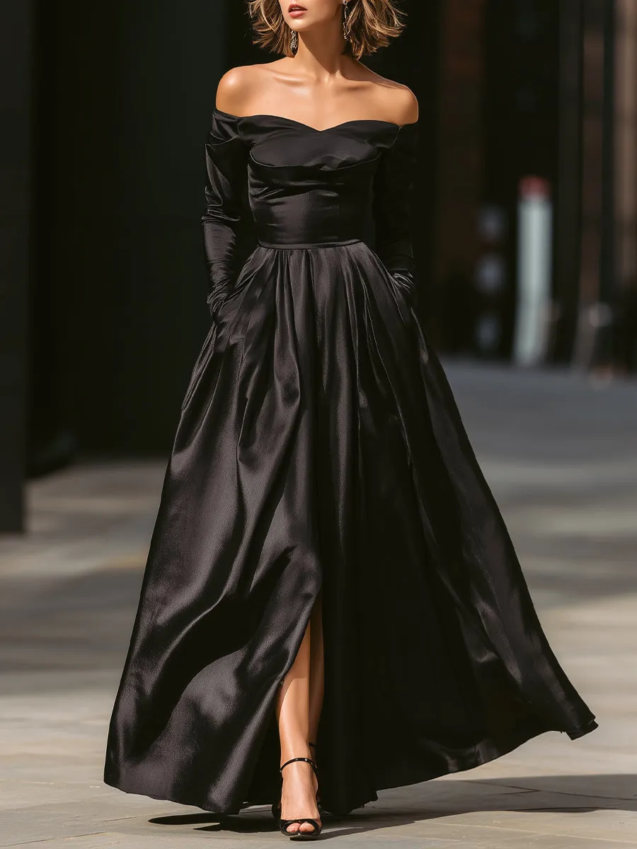Off-Shoulder Long-Sleeve Satin Gown With Front Slit sold by Mooyius