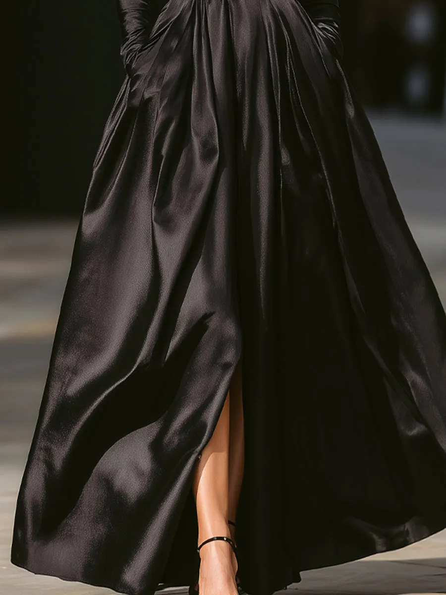 Off-Shoulder Long-Sleeve Satin Gown With Front Slit sold by Mooyius product image thumbnail 3