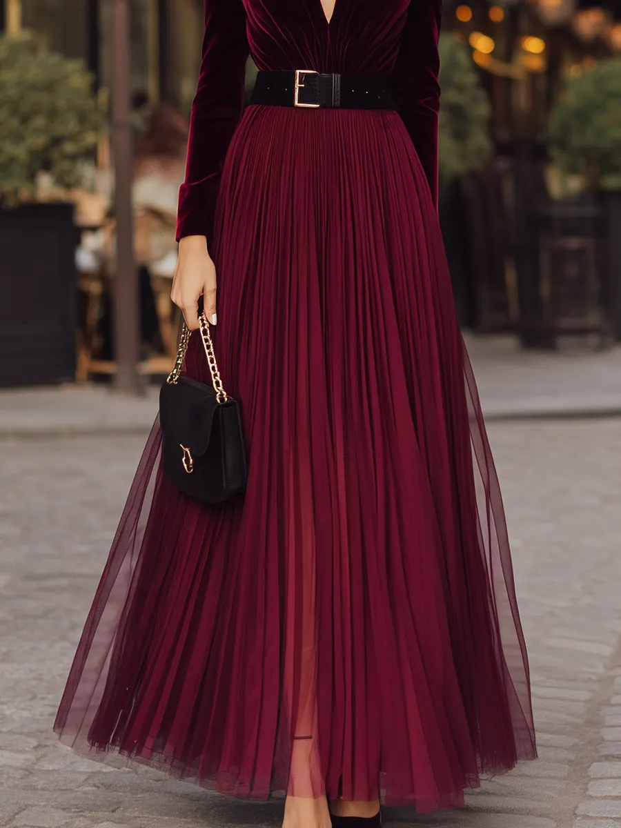 Velvet Deep V Pleated Mesh Maxi Dress With Belt sold by Mooyius product image thumbnail 3